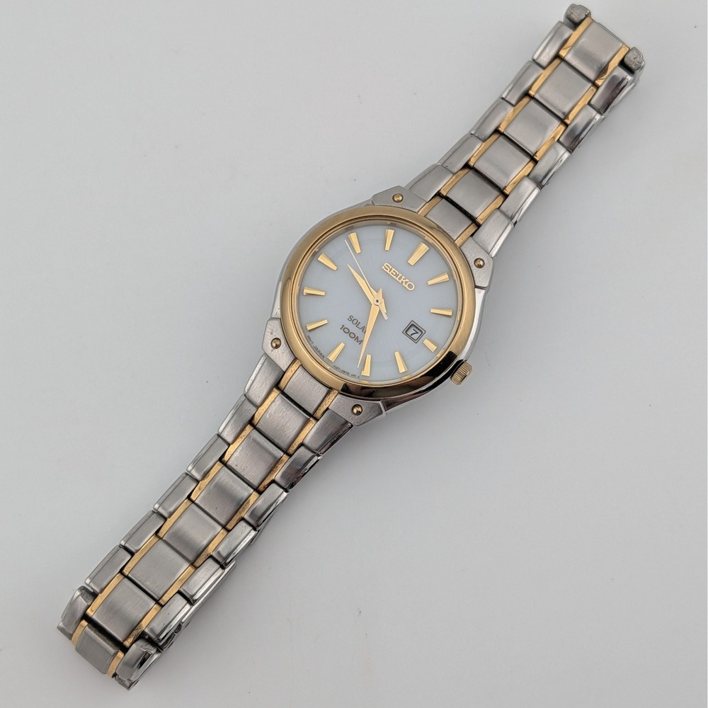 Seiko Solar V137-0AX0 Two Tone Women's Watch Date Hardlex Sunburst Dial 6.5" - Picture 7 of 9